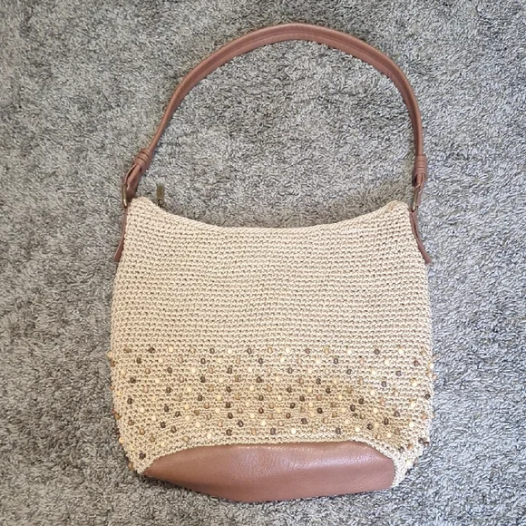 The Sak Woven Bohemian Hobo Bag-Faux Leather-Wooden Beaded-Tan/Brown-Medium - Picture 3 of 8